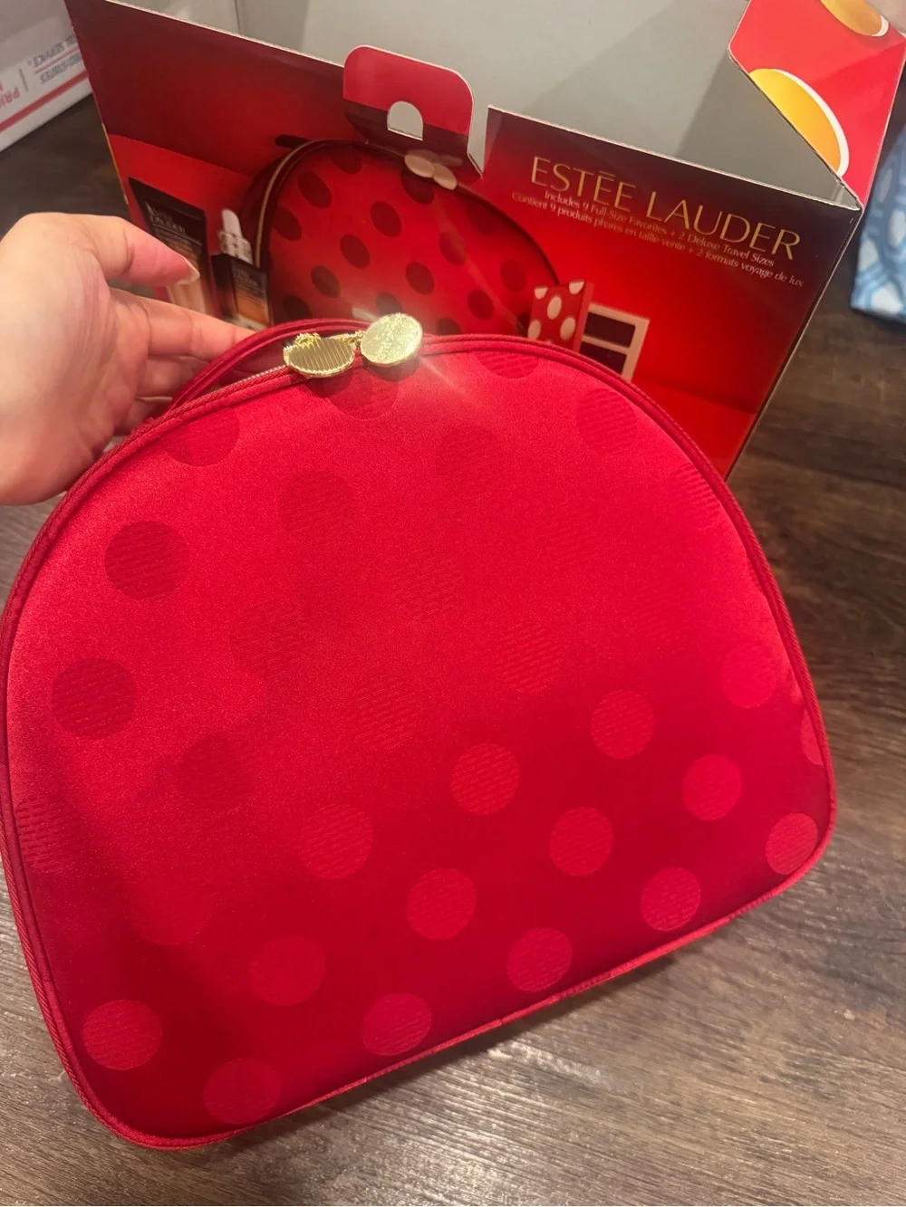 Estee Lauder Red and Gold Polka Dot Makeup Set with Case
